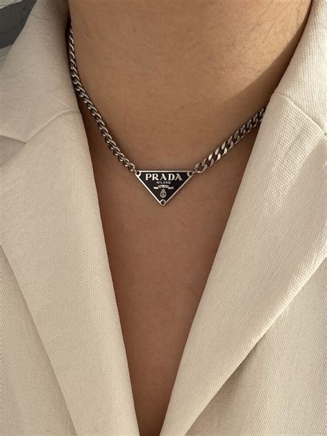 prada black tag necklace|Prada symbol necklace.